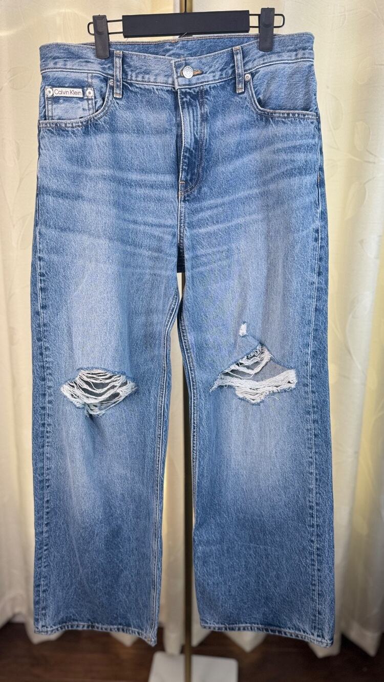 Calvin Klein European Style Wide Leg Distressed Denim Jeans, Size 28/Waist 32 in
